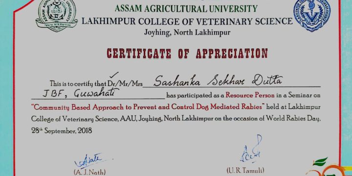 Dr Sashanka Sekhar Dutta was felicitated at Lakhimpur College of Veterinary Science on World Rabies Day.