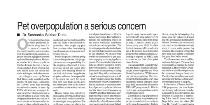 An article published on The Assam Tribune on Pet Overpopulation – A serious concern